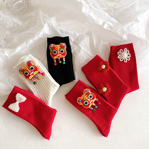 虎头铃铛珍珠大红色袜子女士本命年礼物虎年新年袜中筒纯棉堆堆袜