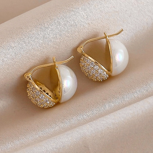 时尚珍珠锆石圆形几何耳扣女耳圈真金电镀欧美法式气质高级感耳环