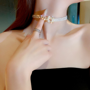 简约个性项链女镶钻珍珠拼接短款颈链欧美法式气质设计感潮项饰