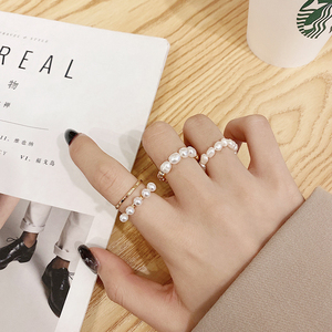 韩国网红珍珠圆圈三件套装戒指女简约不规则设计感时尚尾戒子饰品
