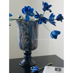 中古花瓶 蓝彩洒金渐变法式手工琉璃大口径侘寂艺术花器软装摆件