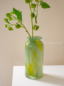 无为时间原创设计新中式绿玉肌理渐变中古玻璃琉璃花瓶插花器摆件