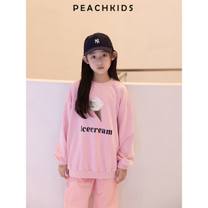 Peach桃可多 女童春秋粉色冰激凌印花休闲百搭圆领卫衣 中大童