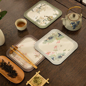复古新中式吸水茶垫方形杯子硅藻泥沥水垫花鸟树餐桌杯垫双面防滑