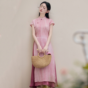夏季2024新款复古新中式民国风年轻款粉色旗袍外衫半身裙套装女装