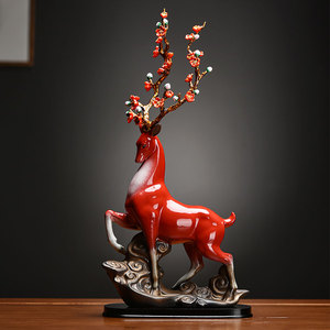 创意陶瓷工艺品鹿摆件家居客厅酒柜玄关招财红色梅花鹿装饰送礼品
