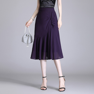 紫色雪纺半身裙小个子短款法式鱼尾半裙女夏时尚显瘦包裙2024新款