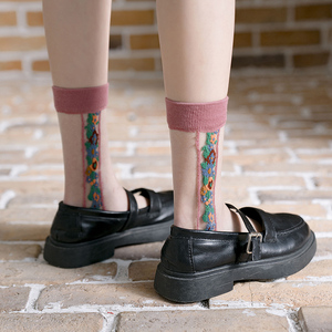 玻璃丝袜女水晶丝袜提花超薄夏季中筒袜民族风印花长袜复古网红款