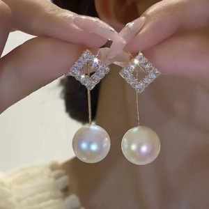 一款两戴方形镶钻珍珠耳环时尚银针耳钉2023年新款潮气质名媛耳饰