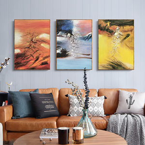 纯手工手绘抽象油画三联套画组合简约现代客厅沙发背景墙装饰画
