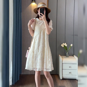 法式白色蕾丝拼接连衣裙女夏季2024新款气质洋气时尚镂空网纱裙子