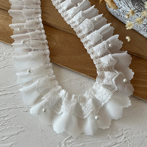 白色钉珠双层雪纺珍珠褶皱蕾丝花边辅服装设计毛衣手工diy材料