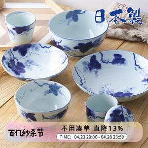 日本进口美浓烧陶瓷碗碟盘子果盘深钵茶杯面汤碗饭碗蓝染葡萄餐具