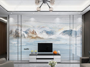新中式山水画水墨扣板竹木纤维护墙板电视背景墙客厅卧室集成墙板