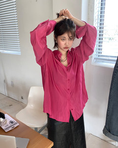 YAY 韩国代购 设计师款 时髦玫粉色 光泽长袖衬衫