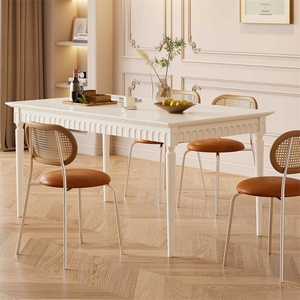 法式奶油风全实木餐桌长方形现代简约家用美式复古白色带抽屉饭桌