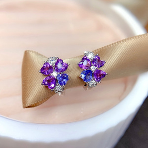 天然紫水晶搭配天然坦桑石宝石耳扣耳夹女款925纯银镶嵌银饰气质