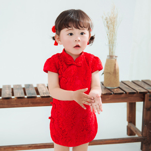 女童旗袍夏女宝宝周岁礼服女蕾丝中式儿童连衣裙中国风红色裙古筝