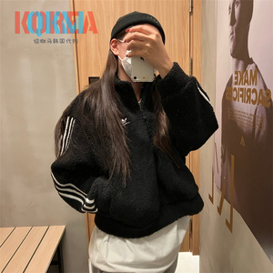 阿迪达斯Adidas三叶草女羊羔绒复古半高领拉链套头长袖卫衣HM2128