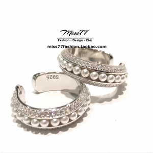Miss77#韩国进口925纯银爆闪满钻锆石微镶整圈珍珠多层开口戒指