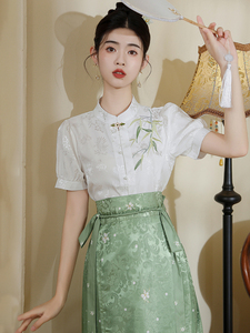 马面裙搭配的上衣女夏季短袖新中式竹子刺绣衬衫国风提花汉服衬衣