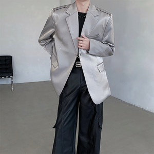 韩国未来感金属亮面灰色西服外套男炸街网红小众设计感金属扣西装