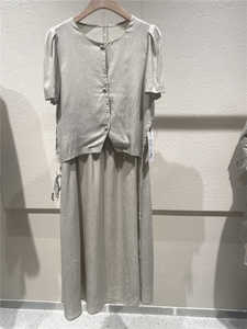 SHOP1972夏季新款女简约文艺棉麻短袖上衣裙子两件套SP424223164