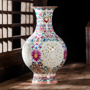 景德镇陶瓷摆件创意镂空粉彩花瓶插花花器现代中式家居客厅装饰品