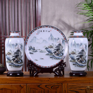 景德镇陶瓷花瓶摆件山川秀色三件套粉彩瓷器现代家居客厅装饰品