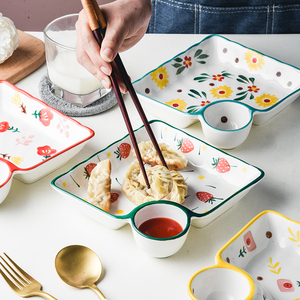 创意陶瓷饺子盘带醋碟寿司盘蘸料碟分格盘包子蒸饺蒸虾小吃早餐盘