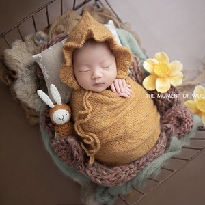 妮妮家新生儿摄影服装道具手工编织毛线婴儿帽子裹布