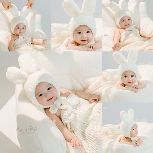 妮妮家兔年新款婴儿宝宝兔耳朵帽子秋冬毛线手工编织保暖帽百天照
