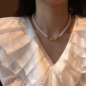 新款韩国时尚百搭金属爱心珍珠项链磁吸简约时装款甜美KN6428