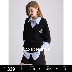 Basic House/百家好假两件卫衣女2024春季新款减龄学院风宽松上衣