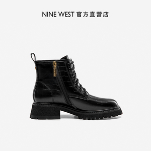 Nine West/玖熙2022年冬季新款厚底马丁靴女真皮中跟英伦风短靴子