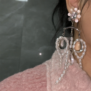 欧美走秀款夸张长款透明水滴形珍珠耳环小众高级感轻奢耳饰耳夹