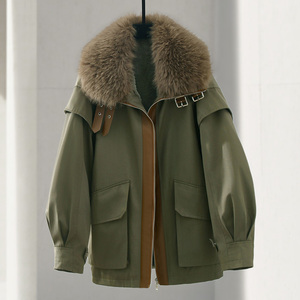 4U4U 军绿色加绒加厚派克棉服女工装风拼皮设计感大毛领冬季外套
