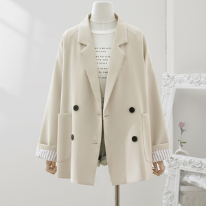 4U4U米白色长袖西装外套女春季新款高品质双排扣小个子宽松小西服