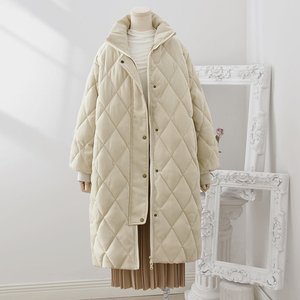 4U4U米白色中长款菱格棉服女冬装新款韩版气质单排扣立领棉衣外套