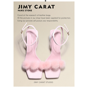 JIMY CARAT芭比粉色毛毛球一字带粗跟凉鞋露趾外穿仙女风高跟鞋女