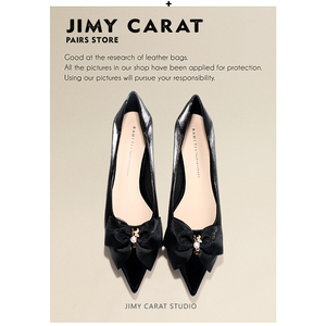 JIMY CARAT简约黑色蝴蝶结珍珠尖头平底单鞋女法式大方面试平跟鞋