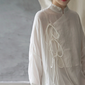 白色苎麻连衣裙女宽松茶服森系中式复古中国风文艺棉麻女装衬衫裙