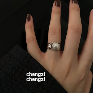 【橙子饰物】s925纯银镶珍珠宽面开口戒指环法式百搭戒子女可调节
