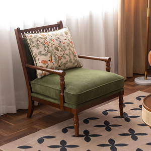 和年美家法式复古实木单人沙发美式乡村布艺老虎椅休闲带扶手椅子