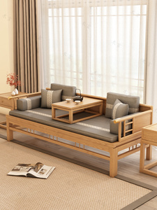 新中式罗汉床实木推拉两用沙发椅老榆木小户型罗汉塌榻茶桌椅组合