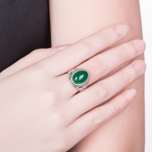 S925纯银天然绿玉髓玛瑙戒指女款宝石复古泰银个性时尚开口指环饰