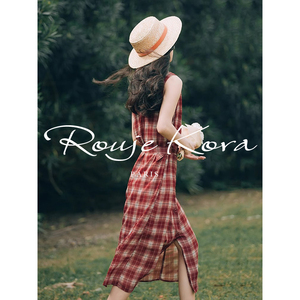 法式Rouje Kora复古红色格纹无袖连衣裙夏季单排扣中长款气质长裙