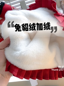 女童韩版圣诞新年装裙套装2023冬红格纹呢大衣+短裙两件套保暖潮