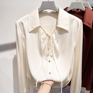 2024新款韩国气质显瘦翻领系带纯色单排扣长袖雪纺衬衫女春季