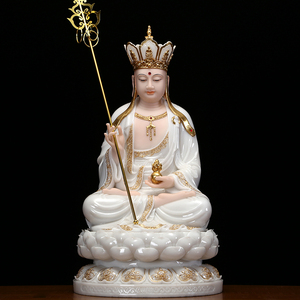 汉白玉地藏王菩萨像家用供奉佛像摆件石雕金镶玉地藏菩萨娑婆三圣